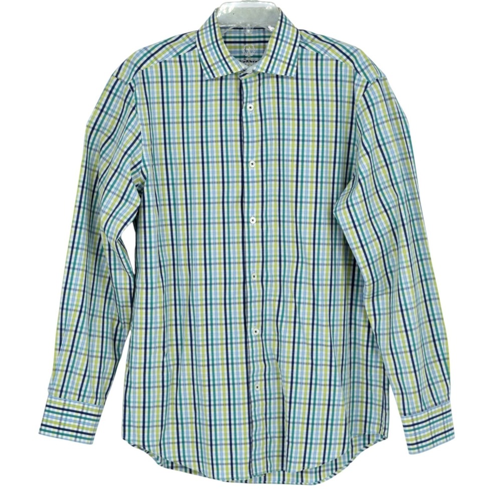 Bugatchi Uomo Mens L Plaid Tattersall Button-Up Flip Cuff Sport Shirt 16.5 34/35